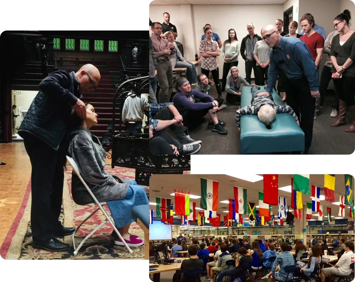 Dr. Eric Plasker adjusting a patient, teaching postgraduate training to chiropractors, and speaking to a school assembly