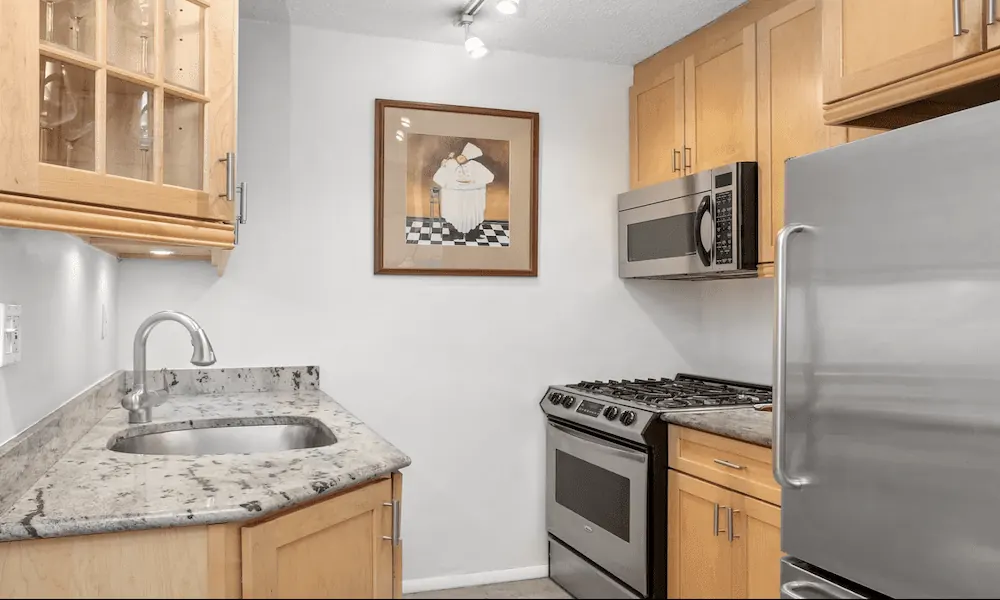 The kitchen of a luxury apartment.
