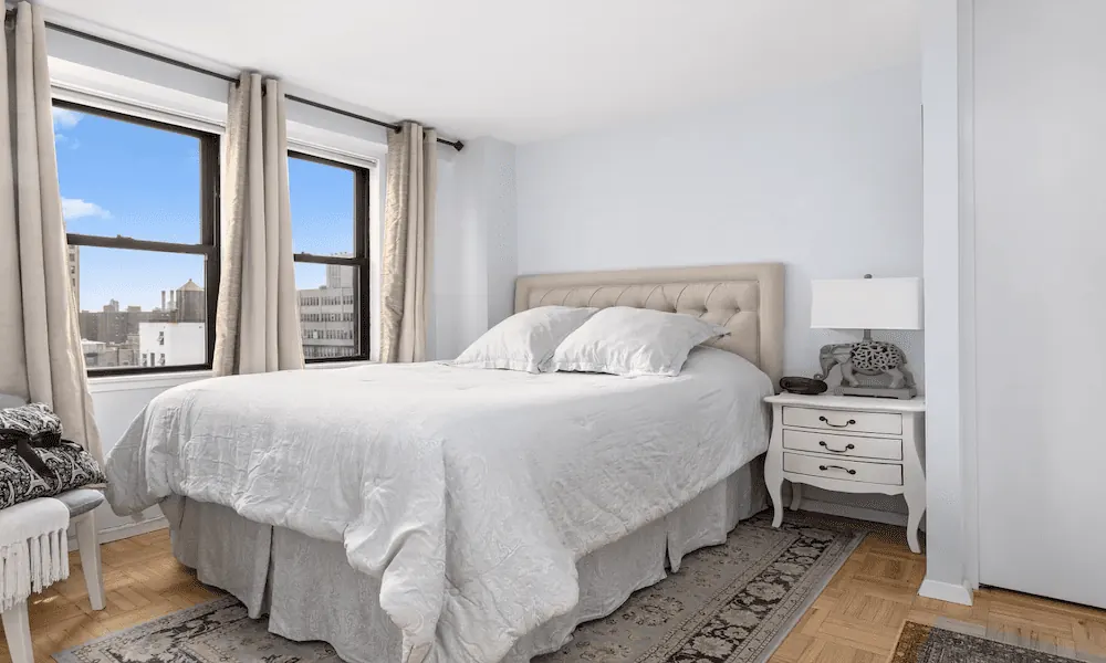 The bedroom of a luxury apartment.
