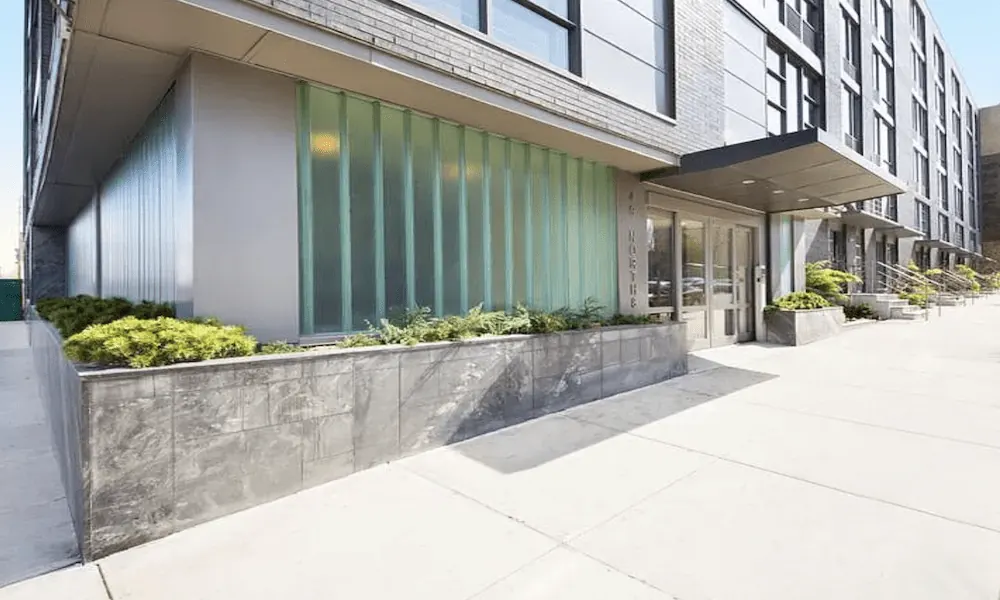 The exterior of a luxury apartment.