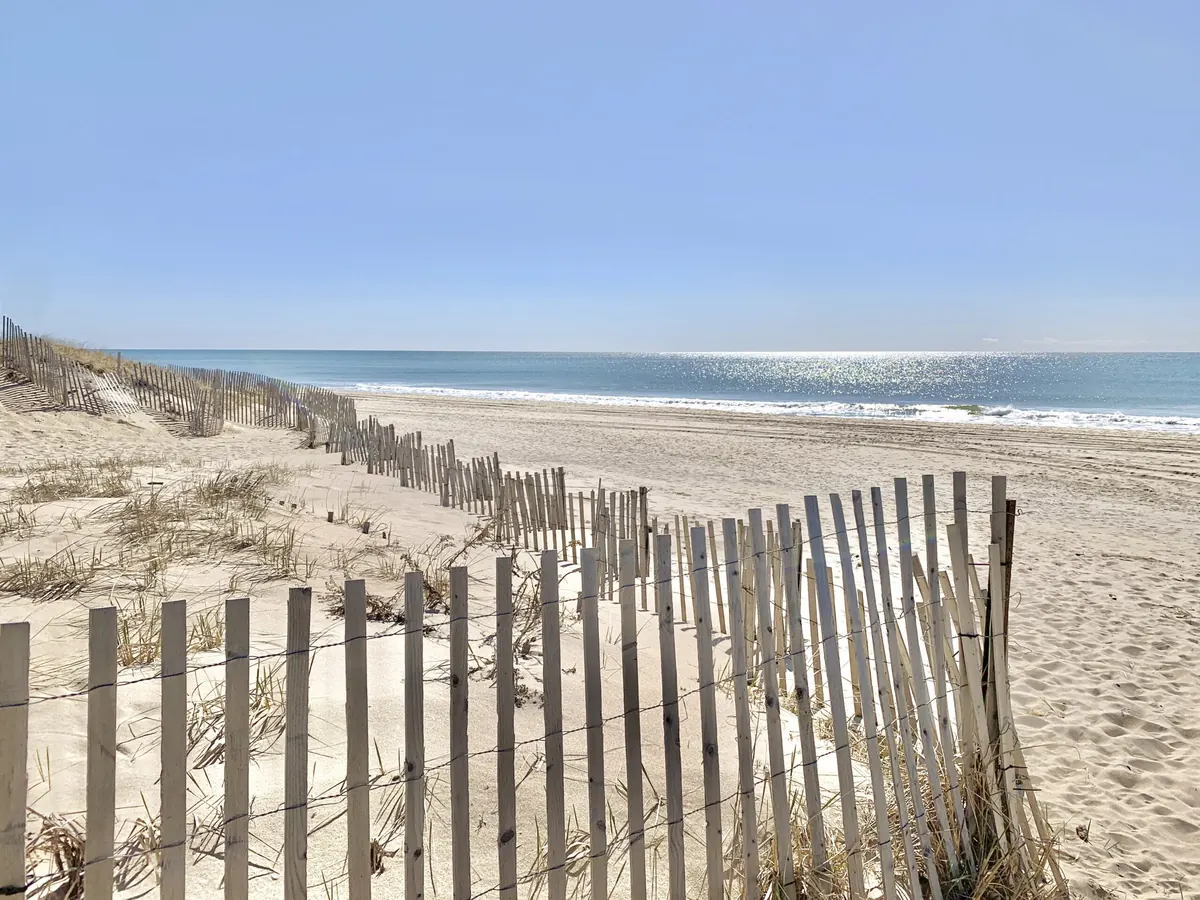 A sunny day at the beach with fenced off dunes, East Hampton, NY, US.