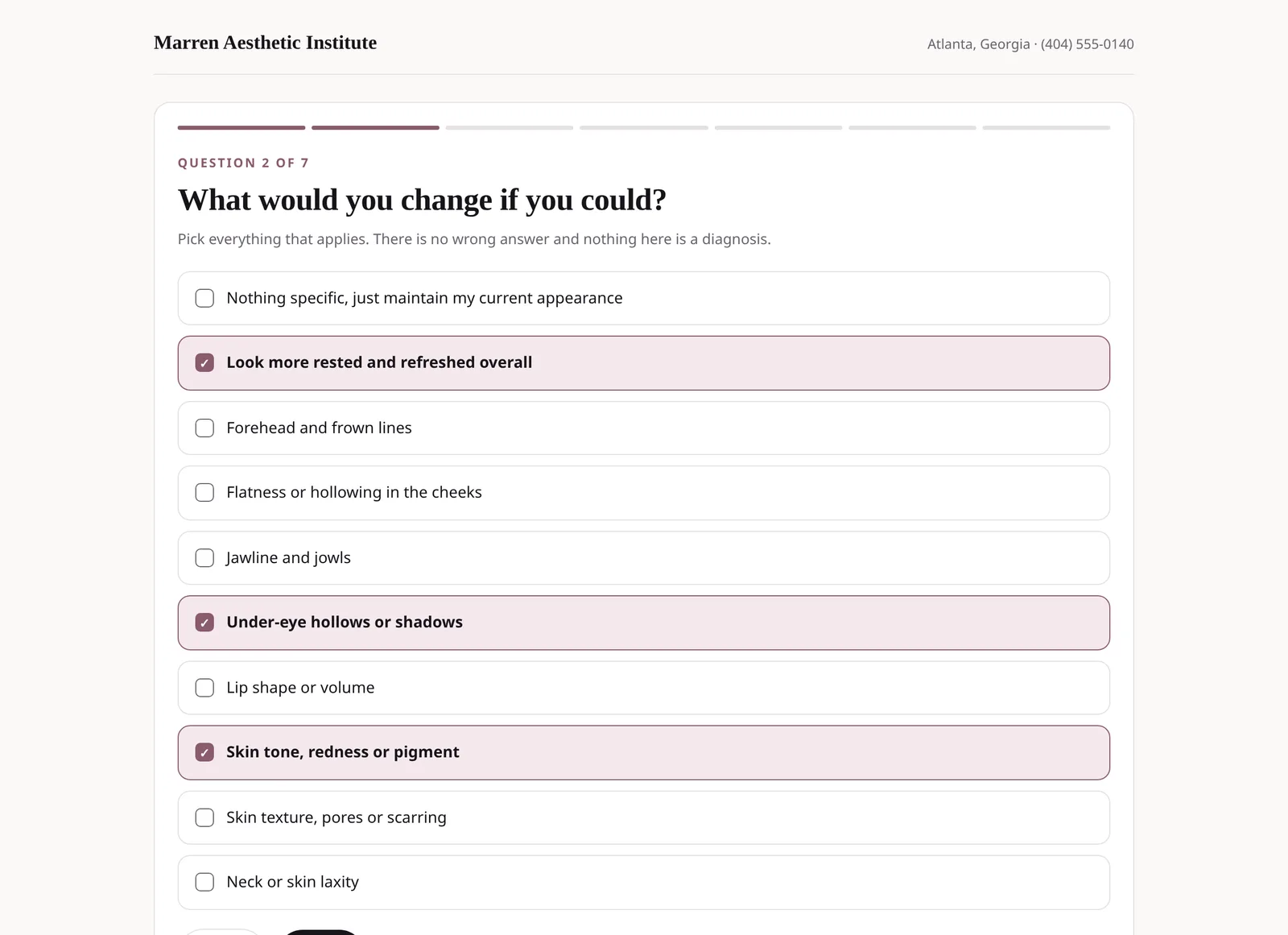Aesthetic Preview question 2 of 7: What would you change if you could? with three concerns selected