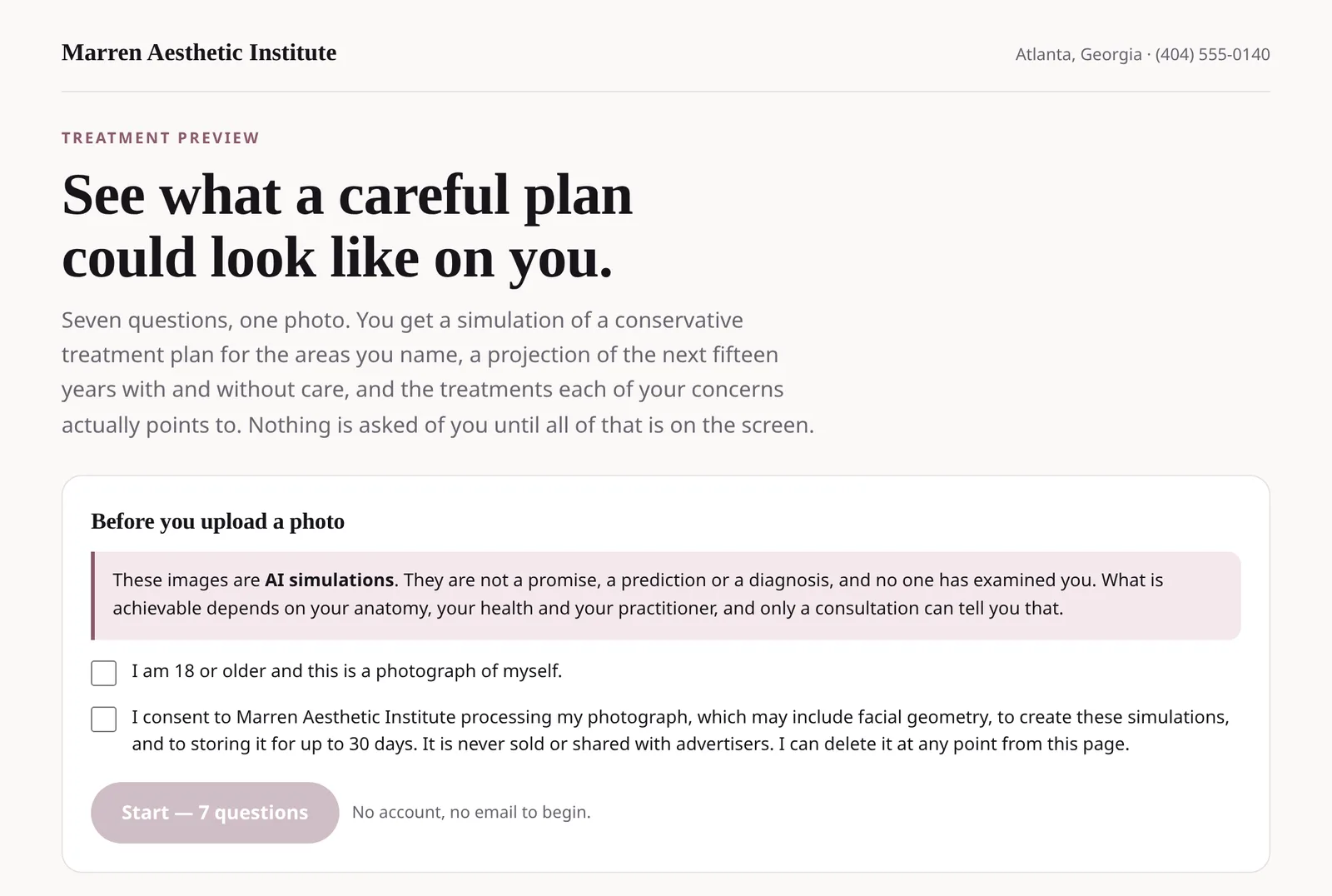 Aesthetic Preview start screen: See what a careful plan could look like on you, with two consent boxes