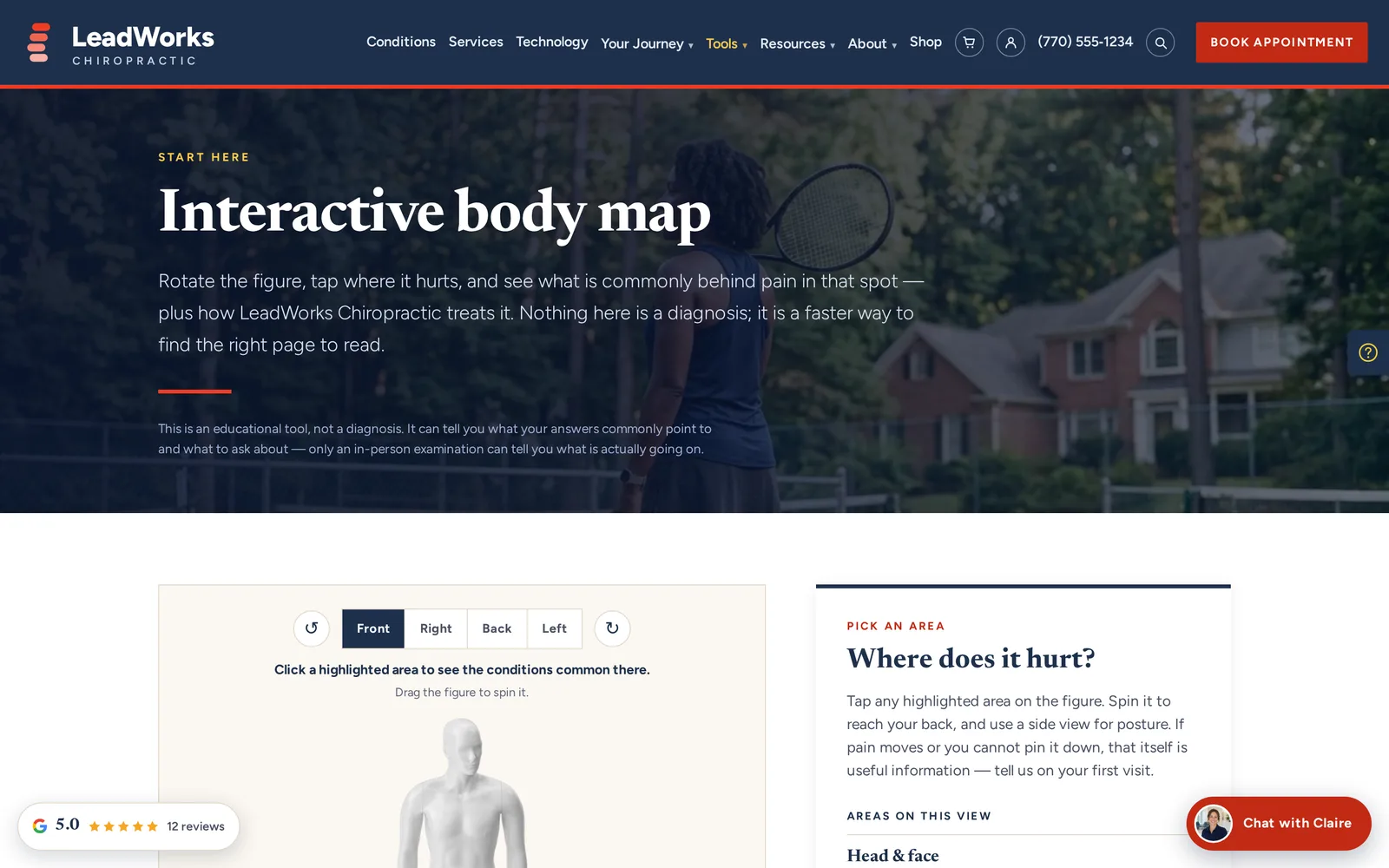 The interactive body map tool on the demo site, with front, right, back and left views