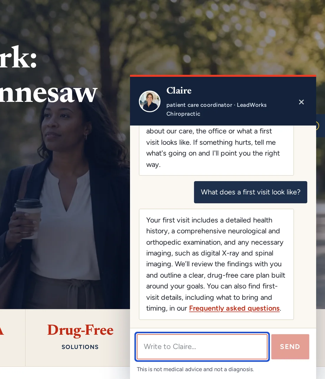 Claire, the AI receptionist, answering What does a first visit look like? on the demo's desk-worker journey page