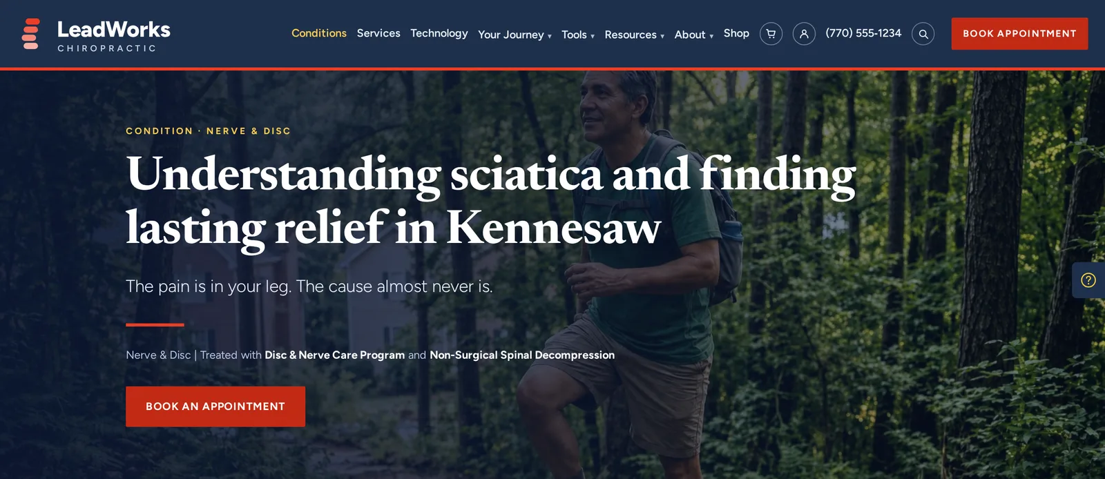 A condition page on the demo site: Understanding sciatica and finding lasting relief in Kennesaw