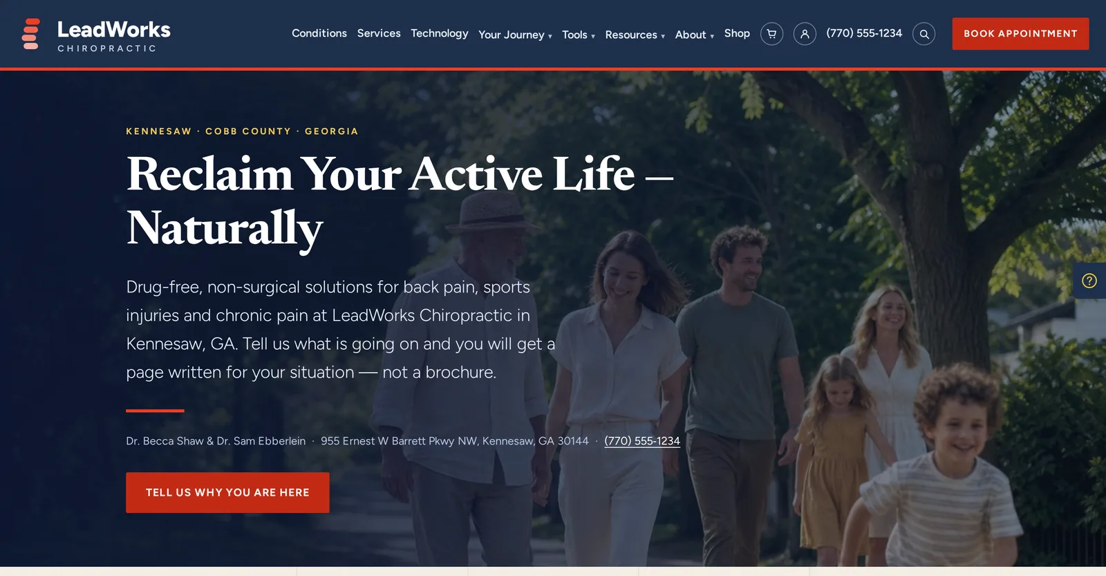 Home page of the LeadWorks Chiropractic demo site, with the headline Reclaim Your Active Life, Naturally and a Tell us why you are here button