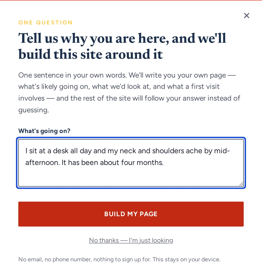 The one-question prompt on the demo site: Tell us why you are here, and we'll build this site around it, with a visitor's answer typed in